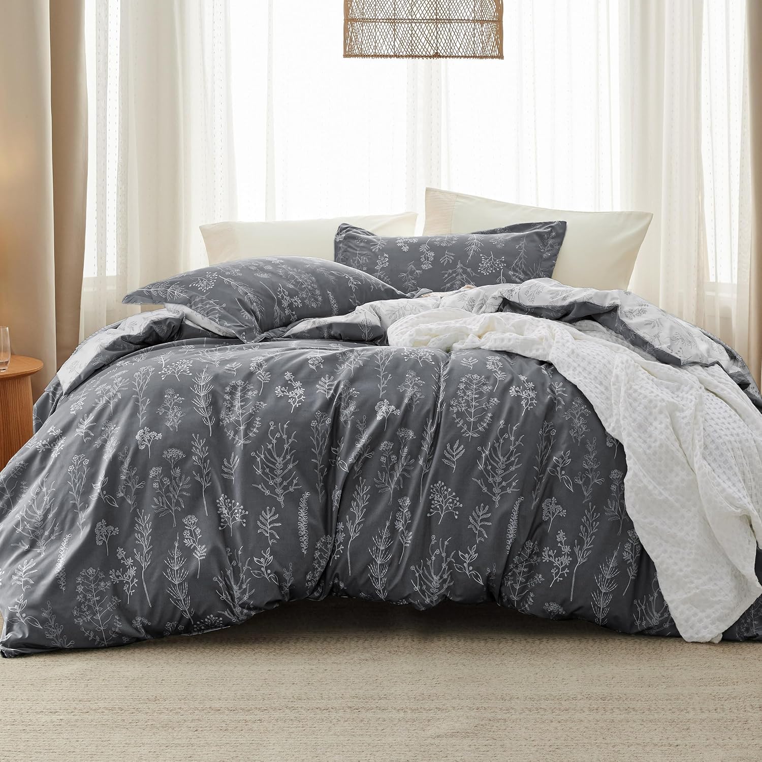 3Pcs Reversible Botanical Floral Comforter Set, Lightweight Soft Summer Bedding Set with 2 Pillow Shams, Bedroom Bedding Gift