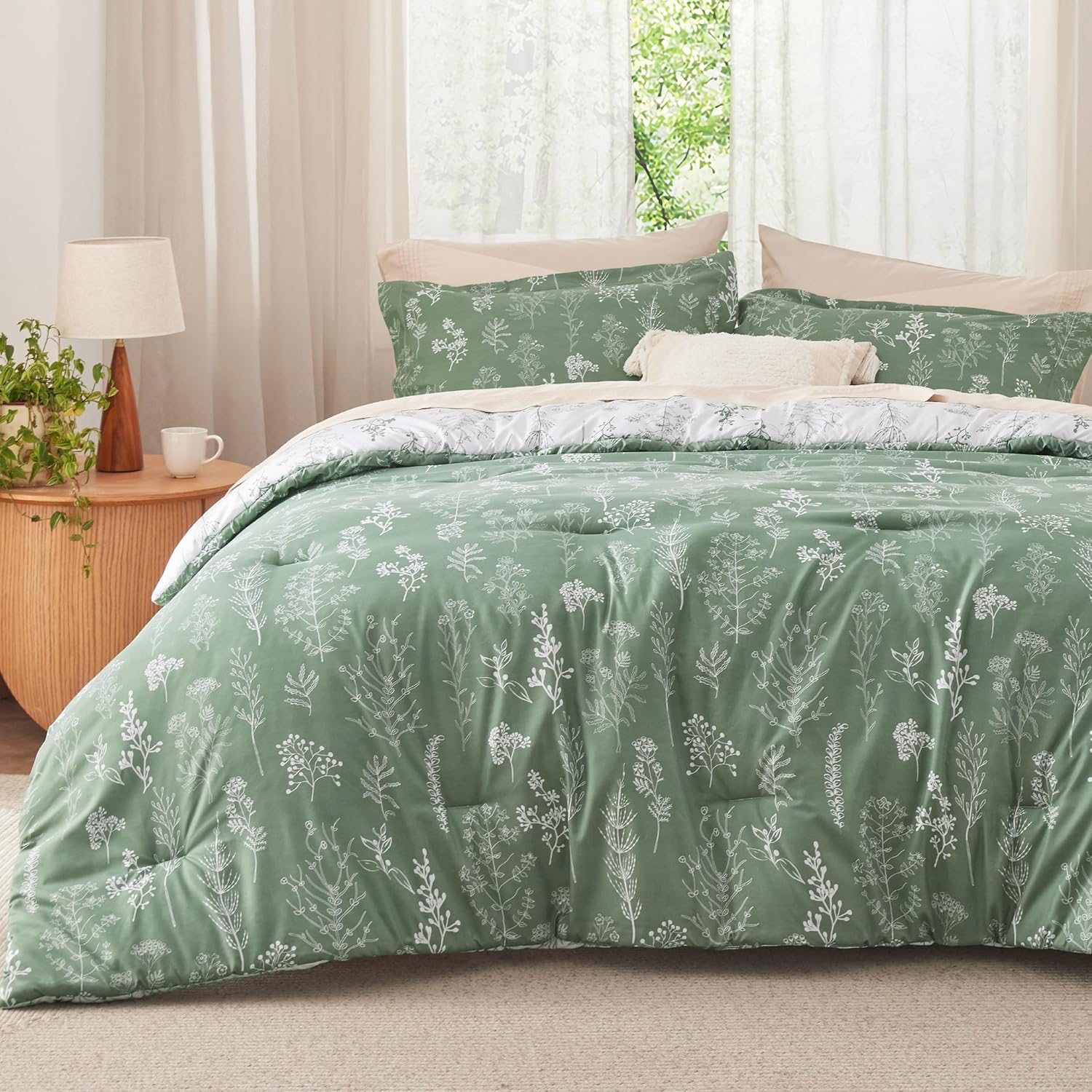 3Pcs Reversible Botanical Floral Comforter Set, Lightweight Soft Summer Bedding Set with 2 Pillow Shams, Bedroom Bedding Gift