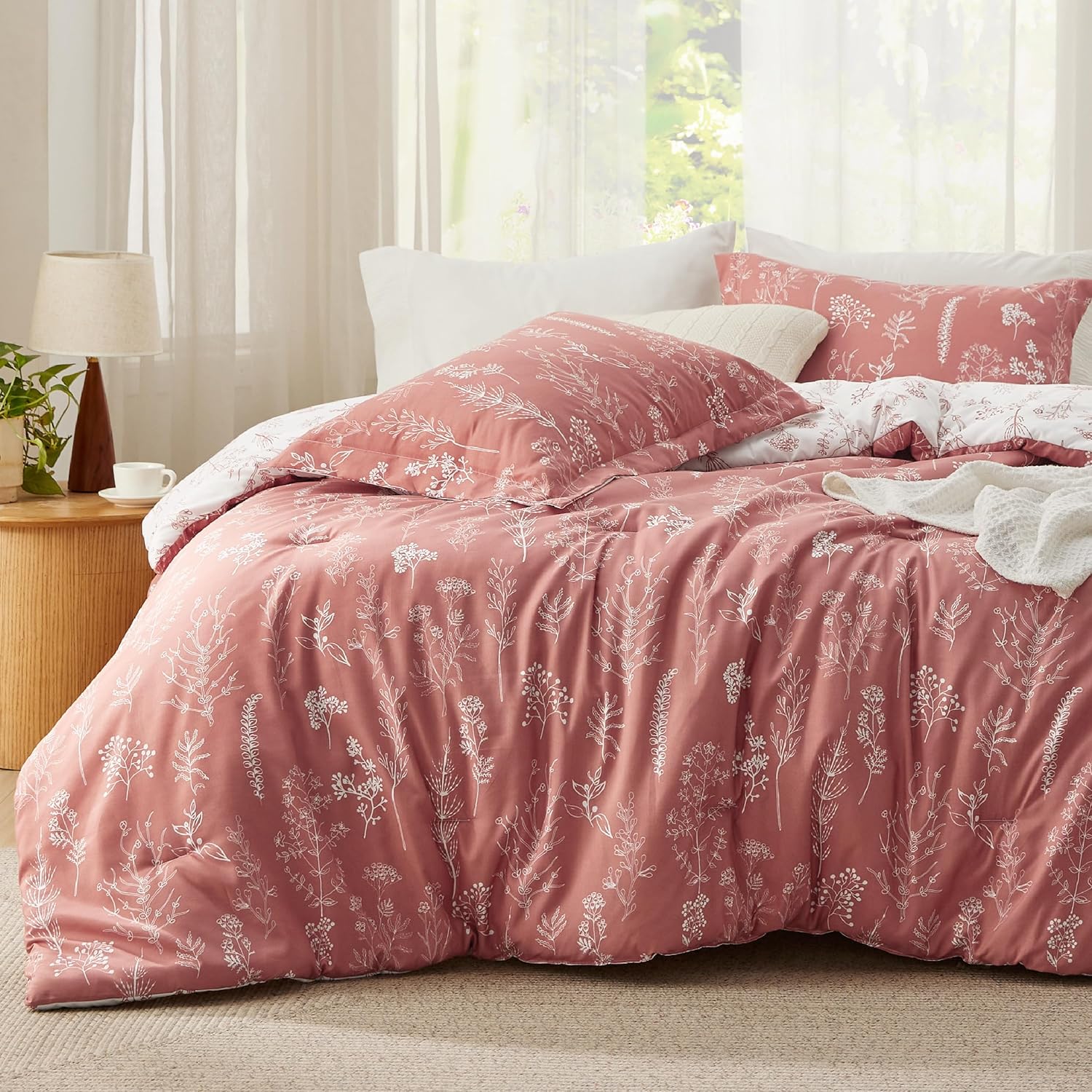 3Pcs Reversible Botanical Floral Comforter Set, Lightweight Soft Summer Bedding Set with 2 Pillow Shams, Bedroom Bedding Gift