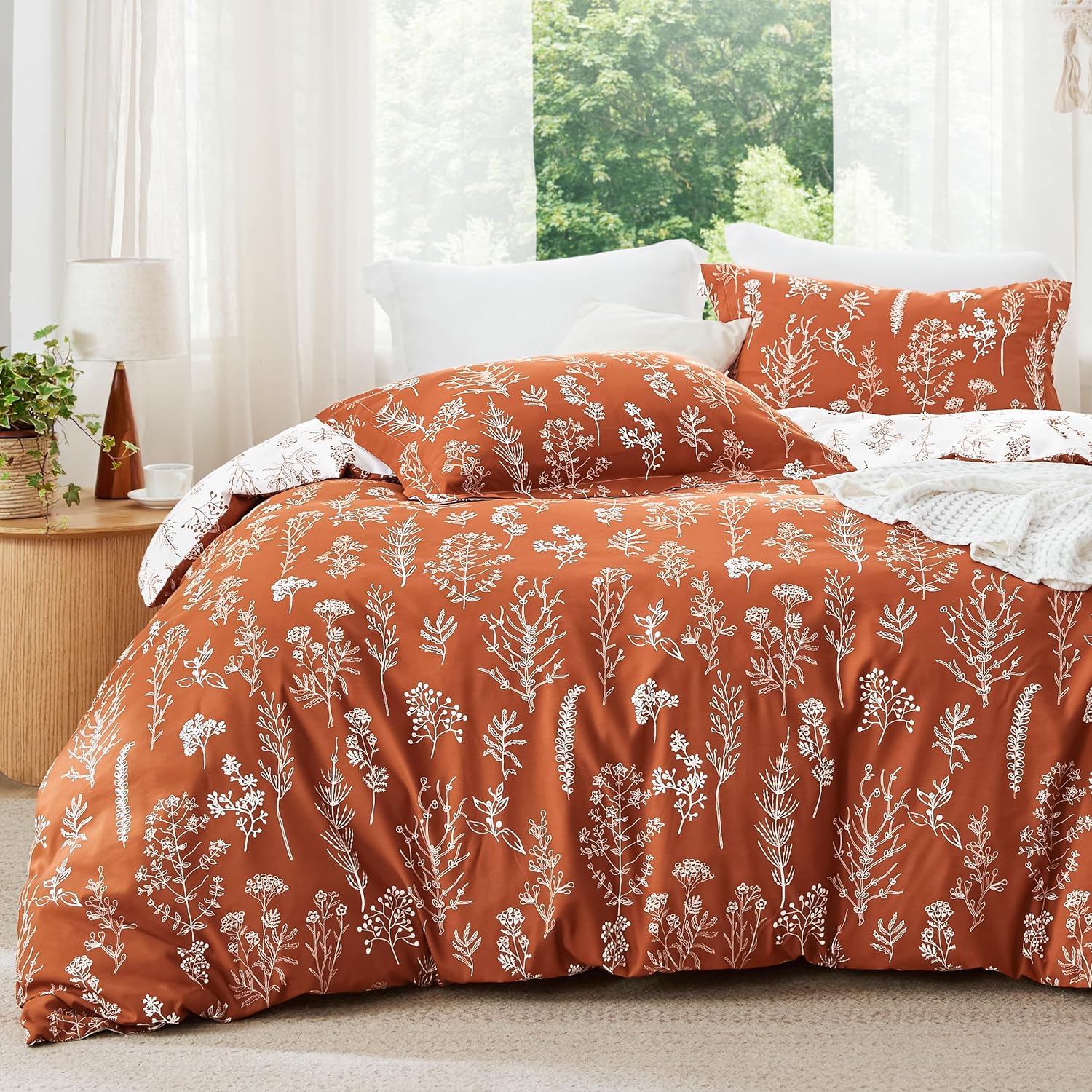 3Pcs Reversible Botanical Floral Comforter Set, Lightweight Soft Summer Bedding Set with 2 Pillow Shams, Bedroom Bedding Gift