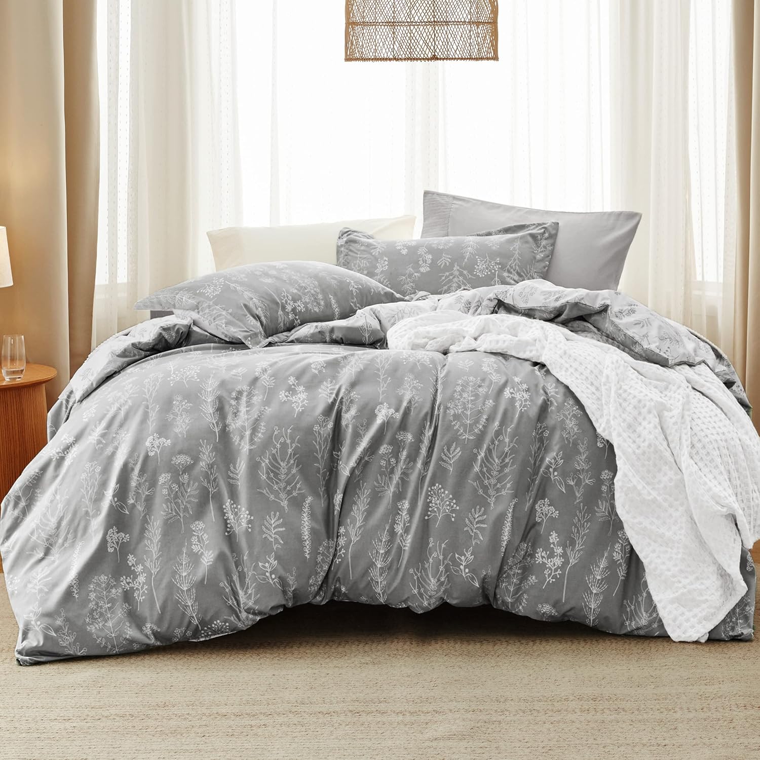 3Pcs Reversible Botanical Floral Comforter Set, Lightweight Soft Summer Bedding Set with 2 Pillow Shams, Bedroom Bedding Gift