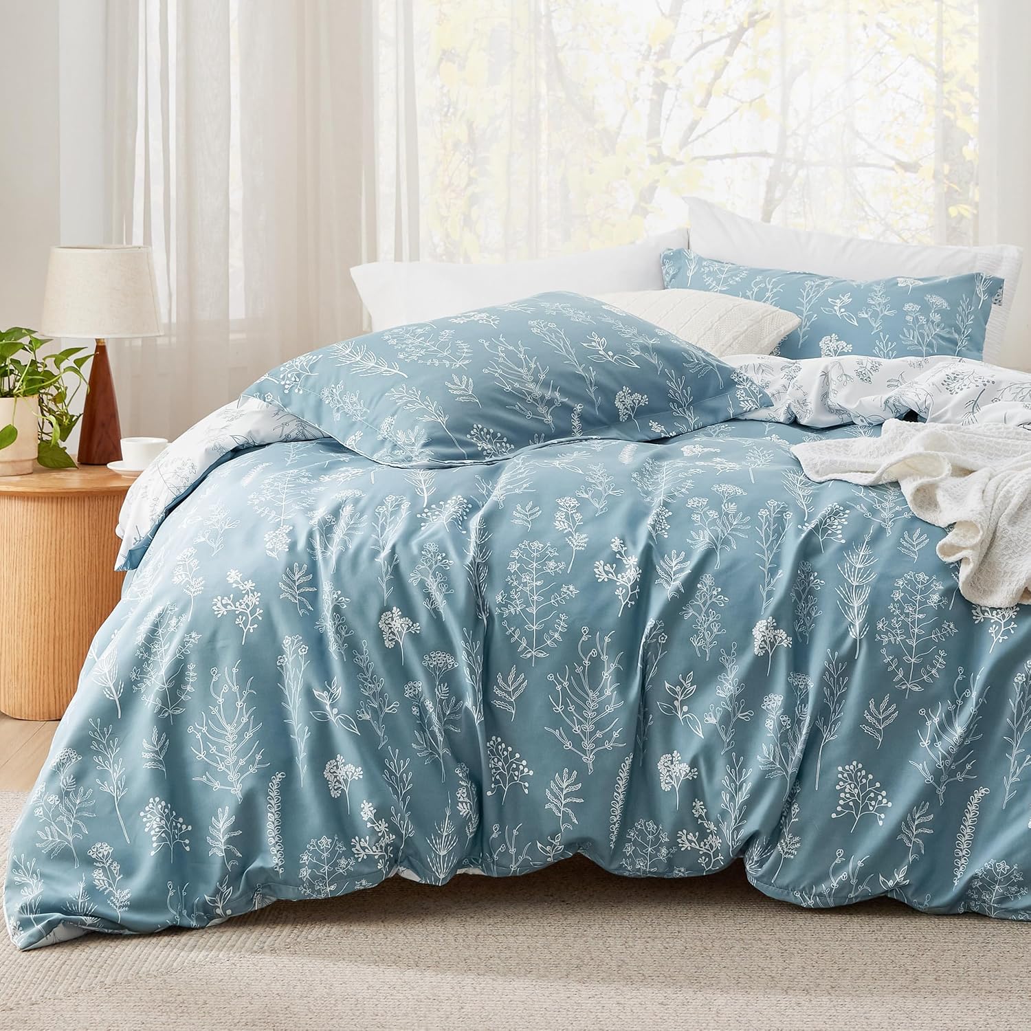 3Pcs Reversible Botanical Floral Comforter Set, Lightweight Soft Summer Bedding Set with 2 Pillow Shams, Bedroom Bedding Gift